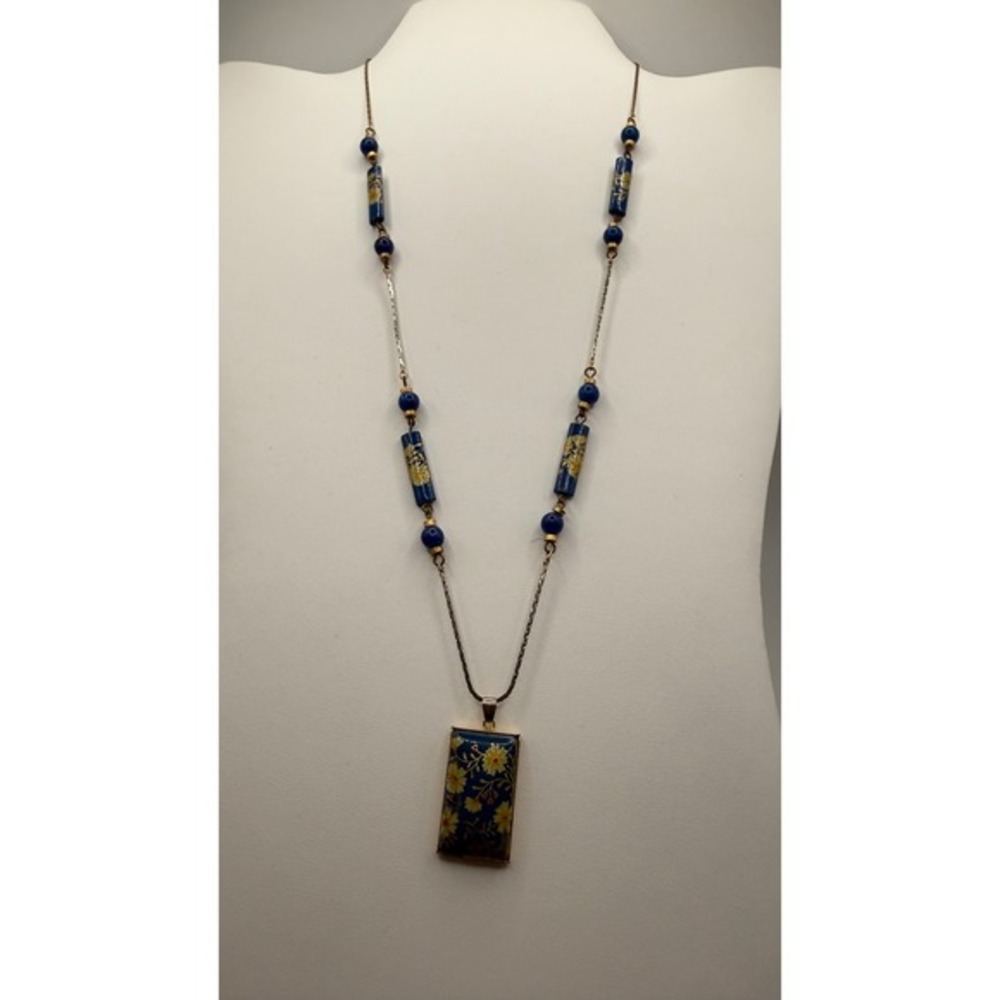 Floral Porcelain Fashion Pendant Necklace Cobalt Blue Gold